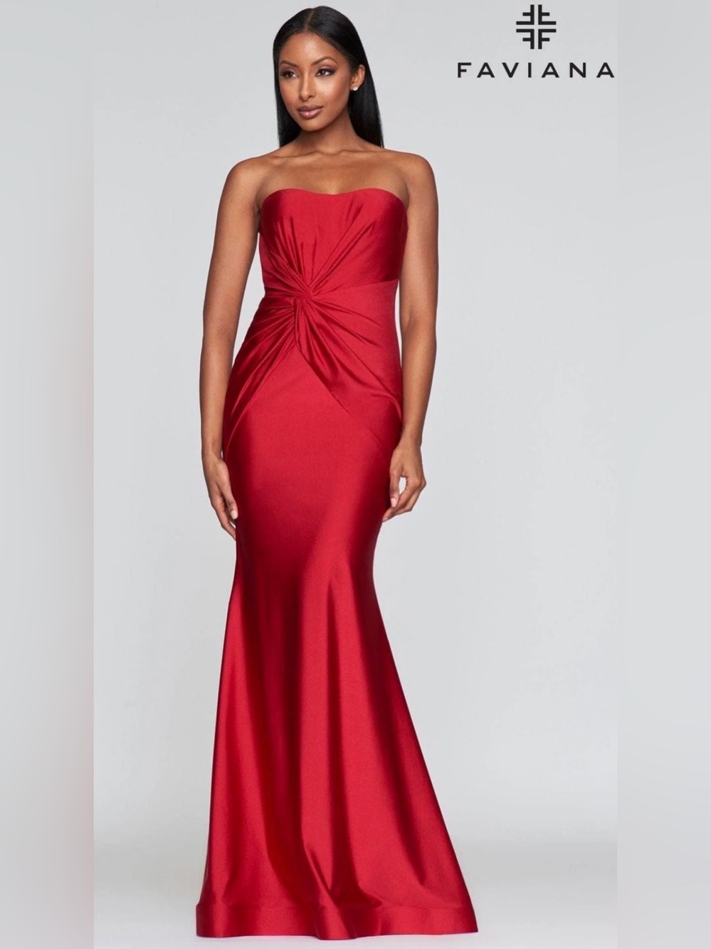 Faviana Strapless Tight Evening Gown With Twist Detail At Waist